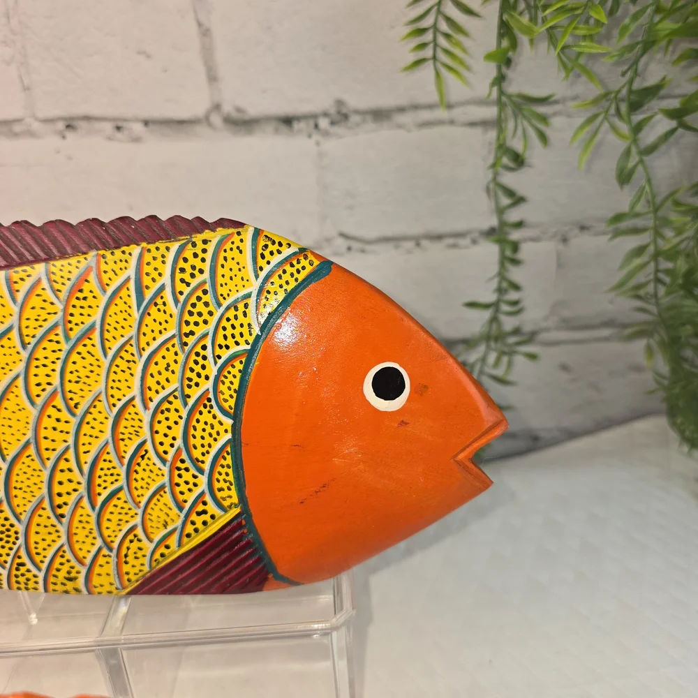 FOLK ART WOOD CARVED FISH SCULPTURE SET BRIGHT MEXICAN BEACH DECOR